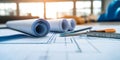 Architectural Blueprints and Workspace Tools Royalty Free Stock Photo