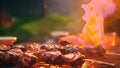 This image shows a close up of a grill with meat cooking on the hot grates, Day celebration with meat on the barbecue and blurry