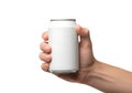 A hand holding an empty cylindrical can against a plain background Royalty Free Stock Photo