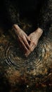 The image shows a close-up of the hands of an elderly woman, rippling the surface of the water Royalty Free Stock Photo