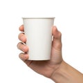 A person holding a white paper cup against a plain background isolated on transparent background Royalty Free Stock Photo
