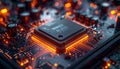 Close-up of a computer processor on a circuit board with glowing orange lights Royalty Free Stock Photo