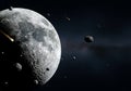 AI generated image results, Close View of the Moon with Passing Meteoroids in Space Royalty Free Stock Photo