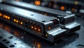 Close-up of a network switch or server hardware with glowing orange lights Royalty Free Stock Photo