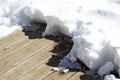 Close up view of a cedar deck with melting snow
