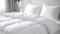 A neatly made bed with white comforter and two matching pillows against a white headboard in a bright room Royalty Free Stock Photo