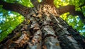Lowangle view of textured tree trunk with rough bark and green leaves in sunlight Royalty Free Stock Photo