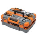 A collection of orange and black lego toolboxes on a white background isolated on transparent background Royalty Free Stock Photo