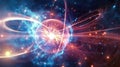 The image shows a colorful and abstract representation of a particle collision, with bright points of light and curved