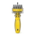Multi-bit screwdriver tool with yellow handle and clear plastic bit holder Royalty Free Stock Photo
