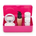 Pink cosmetic travel case with makeup essentials neatly organized inside Royalty Free Stock Photo