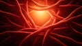 The image shows a complex network of thick, intertwined, red strands, creating a dense, almost claustrophobic texture, with a