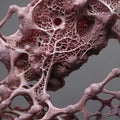 A complex, organic structure with an intricate network of strands and nodules.