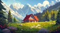 The image shows a cozy cottage with a wooden porch and red roof in a picturesque valley with tall trees, spring flowers Royalty Free Stock Photo