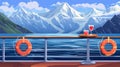 The image shows a cruise ship deck with an ocean view and a mountain landscape cartoon background. A yacht boat railing Royalty Free Stock Photo