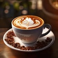 The image shows a cup of cappuccino on a saucer with coffee beans, Ai Generated Royalty Free Stock Photo