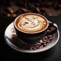 The image shows a cup of cappuccino on a saucer with coffee beans, Ai Generated Royalty Free Stock Photo
