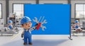 3d rendering of a cartoon factory worker holding tools in front of a blue screen, with other workers and machinery in the backgrou Royalty Free Stock Photo