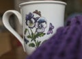 Dark volet scarf and and a cup with vilolet flowers. Royalty Free Stock Photo