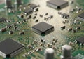 Close-up view of a complex circuit board with multiple integrated circuits Royalty Free Stock Photo