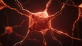 The image shows a detailed close-up of a glowing red neuron, its multiple dendrites extending outward against a dark background