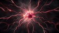 The image shows a detailed rendering of a neuron, a nerve cell, with its soma.