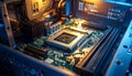 Closeup of computer motherboard with central silver CPU processor surrounded by green circuit board and various components Royalty Free Stock Photo