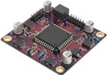 Complex electronic circuit board featuring a central microcontroller and multiple capacitors Royalty Free Stock Photo