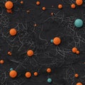 A digital artwork of several orange and blue spheres or balls against a black background. Royalty Free Stock Photo