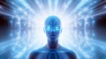 The image shows a digital representation of a humanoid face with blue light patterns, symbolizing advanced technology. Royalty Free Stock Photo