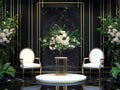 Image shows an elegant, luxurious space with a round white table and chairs The walls are marble with dramatic blackgray Royalty Free Stock Photo
