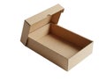 An open cardboard box with a lid resting on a plain white background Royalty Free Stock Photo