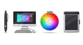 Graphic design equipment including computer, tablet, pen and color wheel Royalty Free Stock Photo