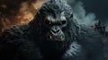 The image shows a fierce-looking gorilla in front of an intense background of flames. Image conveys a sense of danger and ferocity