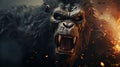 The image shows a fierce-looking gorilla in front of an intense background of flames. Image conveys a sense of danger and ferocity