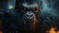 The image shows a fierce-looking gorilla in front of an intense background of flames. Image conveys a sense of danger and ferocity