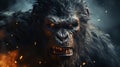 The image shows a fierce-looking gorilla in front of an intense background of flames. Image conveys a sense of danger and ferocity