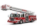 Red fire truck with extended ladder on a white background Royalty Free Stock Photo