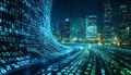 The image shows a futuristic cityscape with glowing binary code flowing through the streets and illuminated Royalty Free Stock Photo