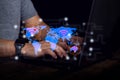 The image shows global internet connectivity via digital technology. Hands are typing laptop Royalty Free Stock Photo