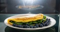 Delicious omelet with spinach and blueberries plated on a white dish Royalty Free Stock Photo