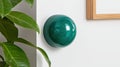 A green, spherical object is mounted on a white wall, with a wooden picture frame to the right. Royalty Free Stock Photo