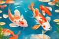 This image shows a group of koi fish swimming in a pond with lily pads. The fish are orange and white Royalty Free Stock Photo