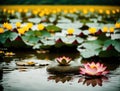 A group of lotus flowers floating on the surface of a pond surrounded by lily pads.