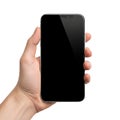 A sleek smartphone held by a hand with a dark screen reflecting light Royalty Free Stock Photo
