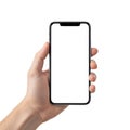 A hand holding a modern smartphone with a blank screen against a white background isolated on transparent background Royalty Free Stock Photo