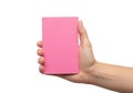 A hand holding a bright pink rectangular object against a plain background Royalty Free Stock Photo