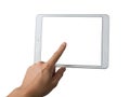 A hand pointing at a blank tablet screen, suggesting user interaction and interface design Royalty Free Stock Photo