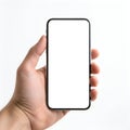 A hand holding a smartphone with a blank screen against a plain background Royalty Free Stock Photo