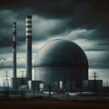 A dramatic scene centered around a large nuclear power plant.